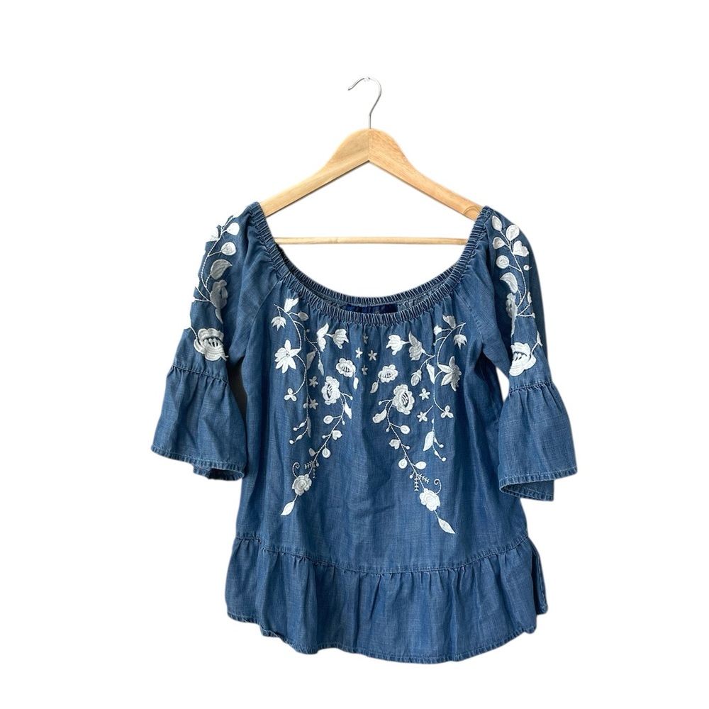 Blue Rain Embroidered Floral Chambray Top